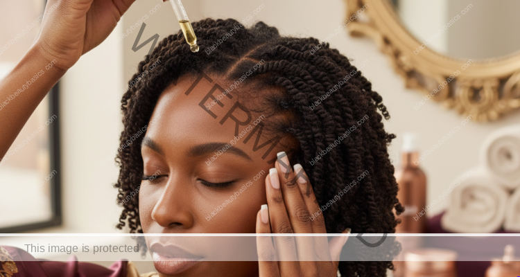 Melanin-rich Black woman with rich brown skin and textured hair in a warm editorial scalp-care moment for How CCCA May First Show Up on Textured Hair