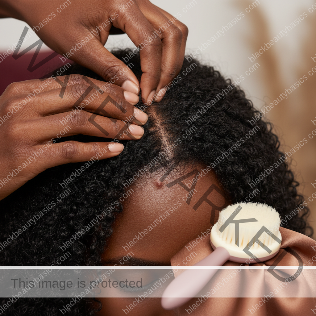 Melanin-rich Black woman with rich brown skin and textured hair using a practical scalp-care step with natural hands and correct anatomy