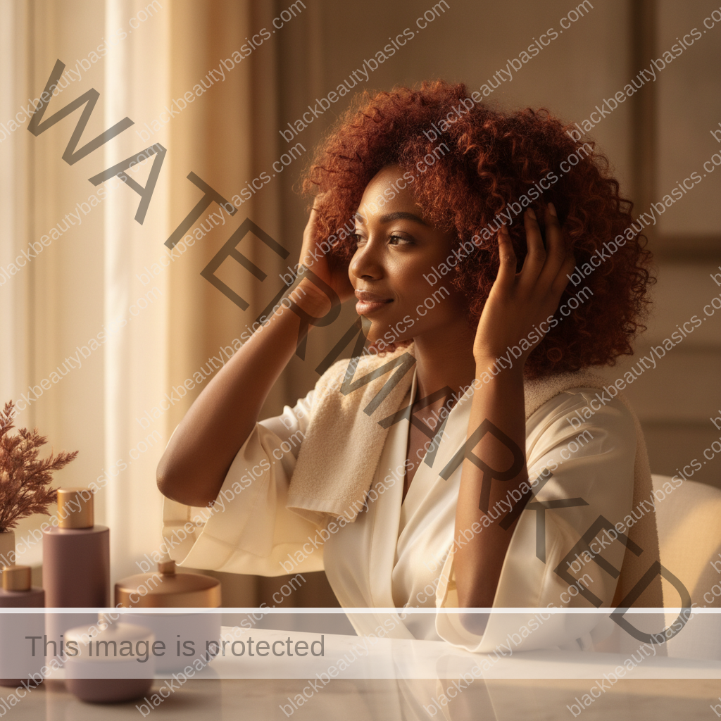 Melanin-rich Black woman with rich brown skin relaxed after a calm skincare or hair-care routine