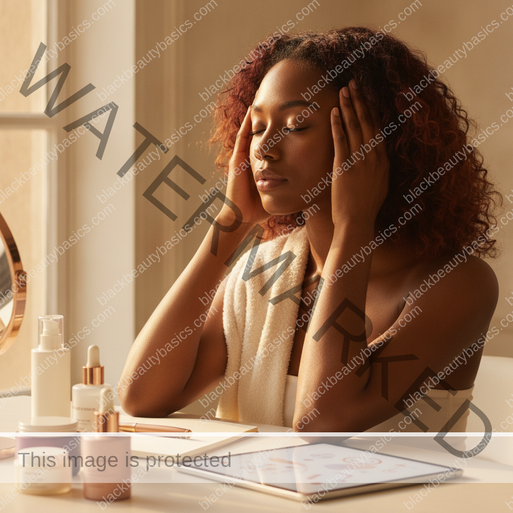 Melanin-rich Black woman with rich brown skin in a practical context for How Hormones Can Change Your Hair Texture, Shedding, and Scalp