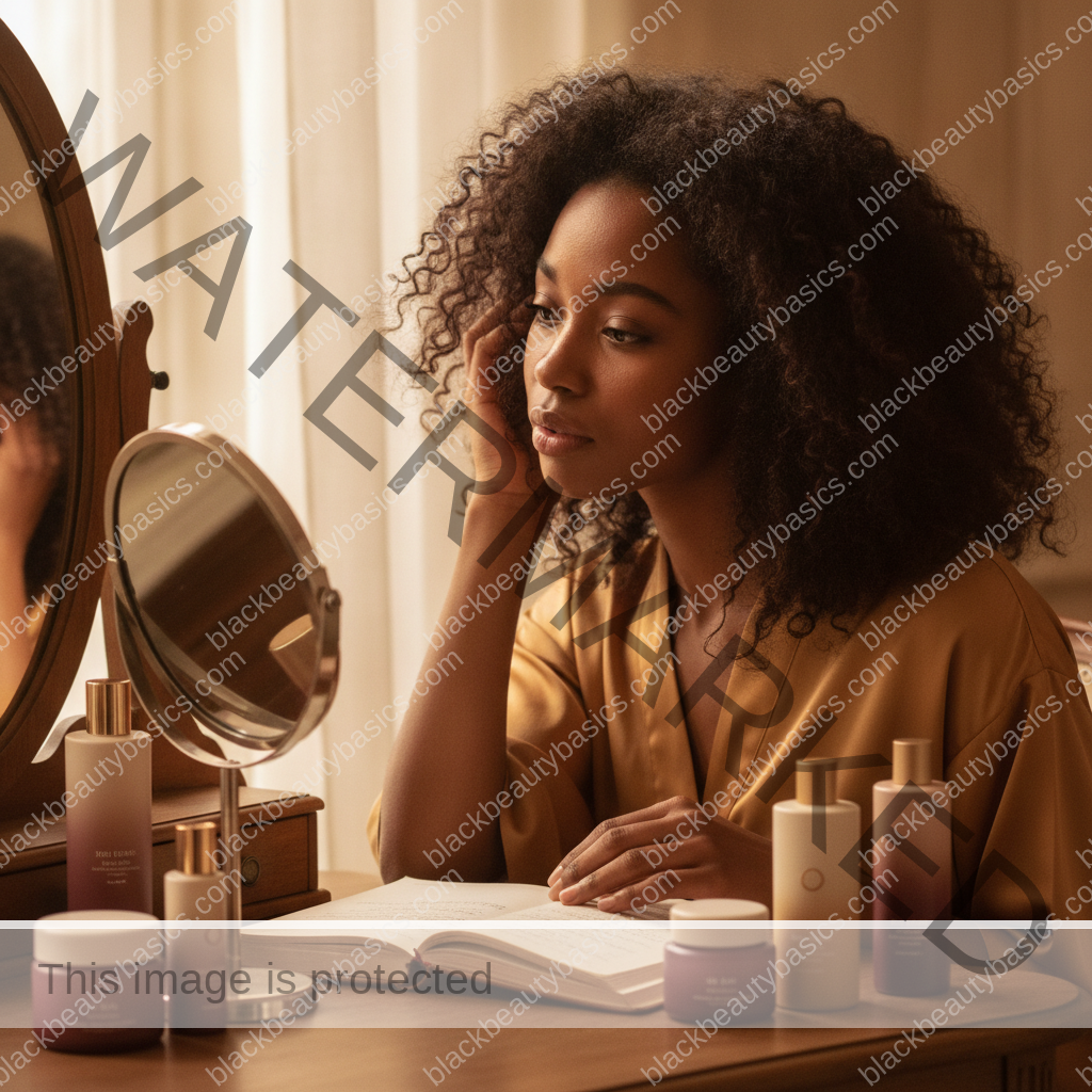 Melanin-rich Black woman with rich brown skin in a calm mirror or note-taking moment
