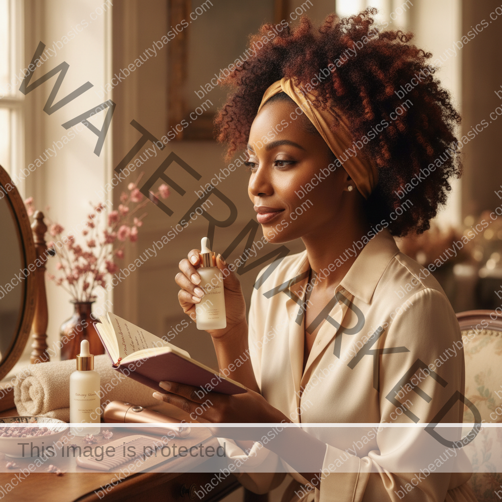 Melanin-rich Black woman with rich brown skin using a gentle care or planning step with natural hands and correct anatomy