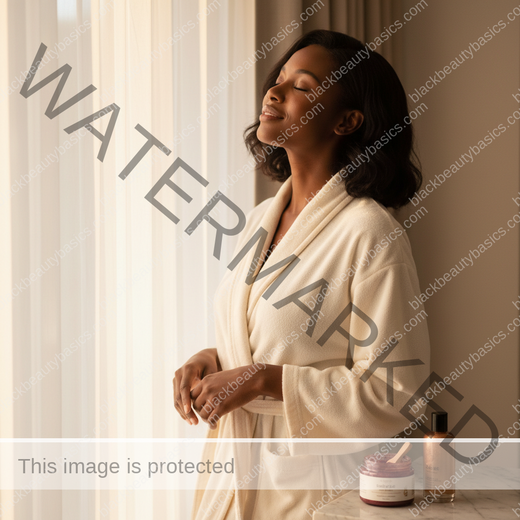 Melanin-rich Black woman with rich brown skin relaxed after a gentle body care routine