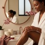 Melanin-rich Black woman with rich brown skin in a warm editorial body care moment for How Often to Exfoliate if You Get Ingrowns on Dark Skin