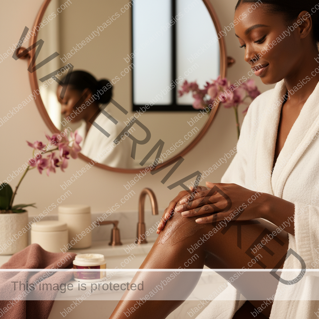 Melanin-rich Black woman with rich brown skin in a warm editorial body care moment for How Often to Exfoliate if You Get Ingrowns on Dark Skin
