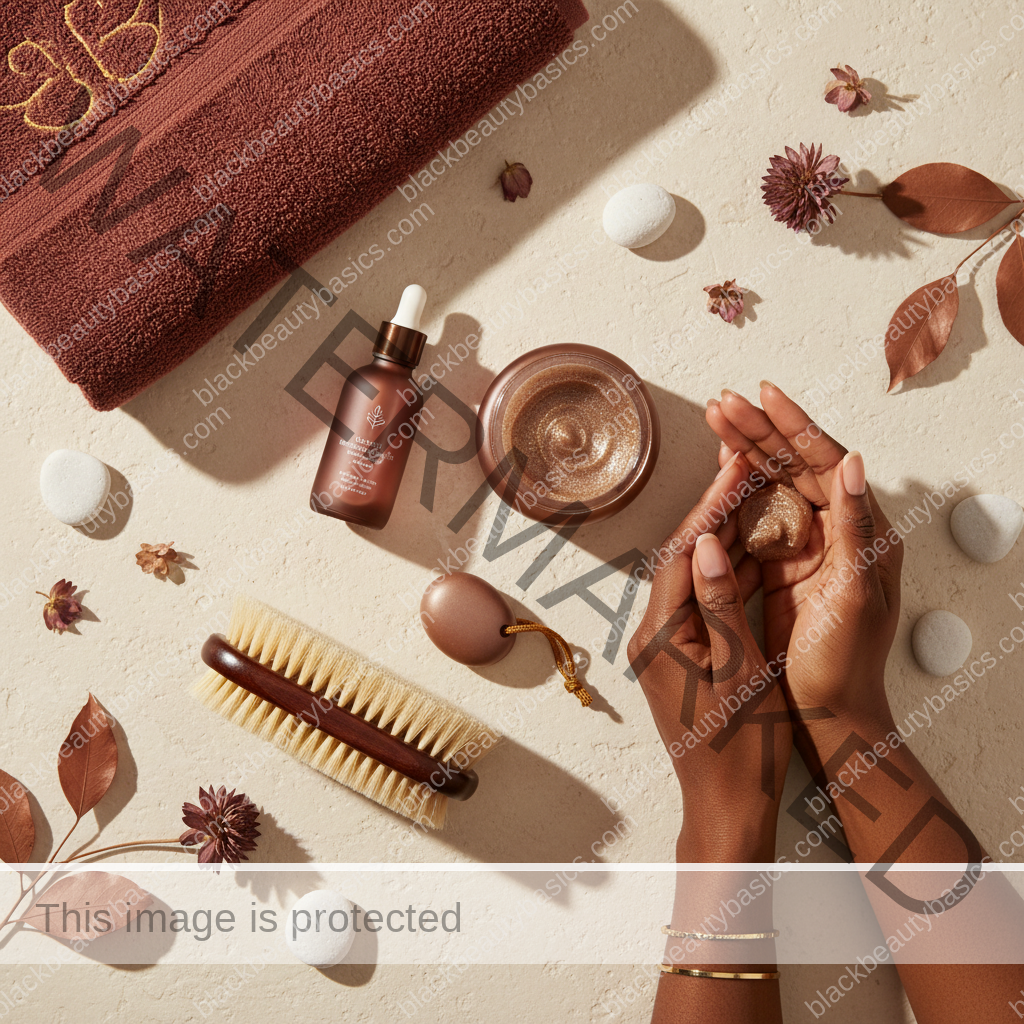 Body care essentials for How Often to Exfoliate if You Get Ingrowns on Dark Skin in ivory plum bronze and soft gold tones