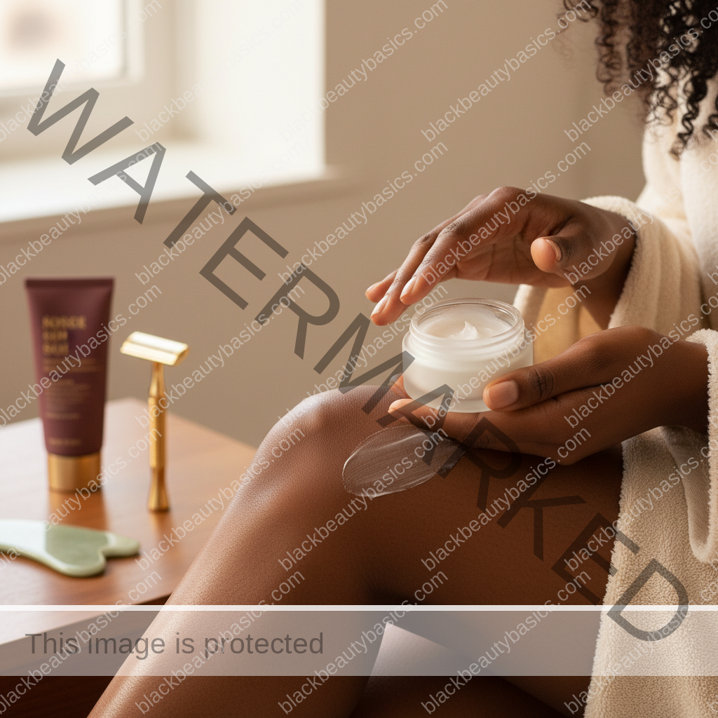 Melanin-rich Black woman with rich brown skin using a practical body care step with natural hands and correct anatomy