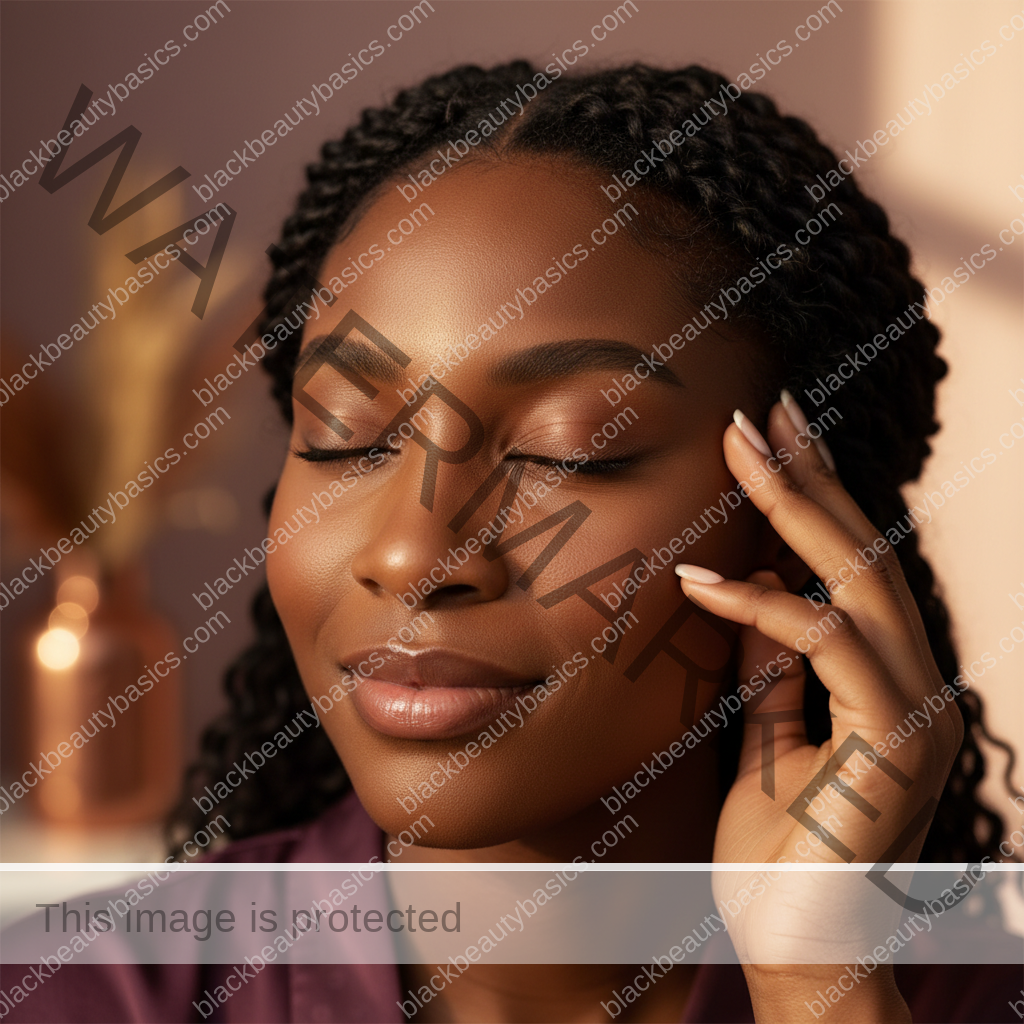 Melanin-rich Black woman with rich brown skin and textured hair relaxed after a gentle scalp-care routine