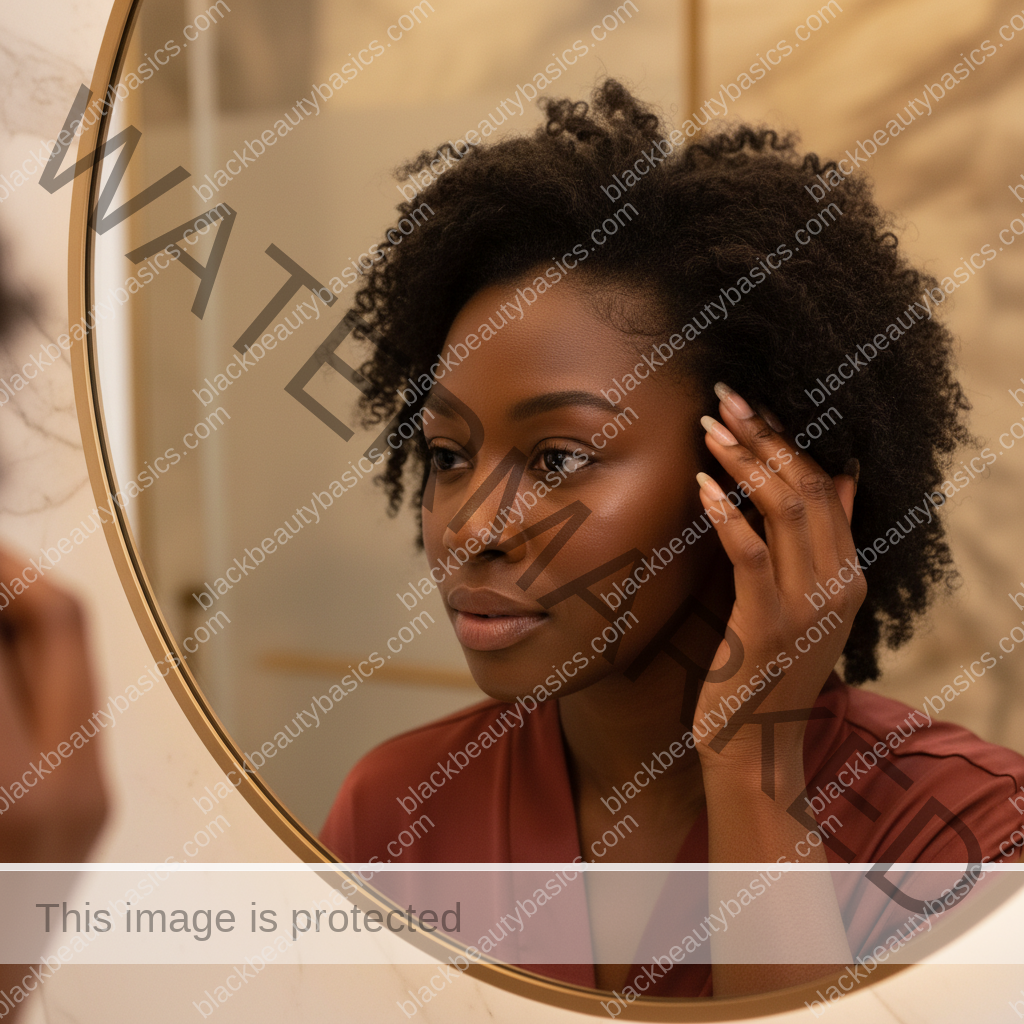 Melanin-rich Black woman with rich brown skin and textured hair gently checking scalp or hairline in a mirror