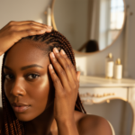 Melanin-rich Black woman with rich brown skin and textured hair in a warm editorial scalp-care moment for How Often to Wash Your Scalp in Braids, Twists, or Wigs