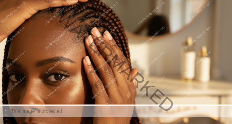 Melanin-rich Black woman with rich brown skin and textured hair in a warm editorial scalp-care moment for How Often to Wash Your Scalp in Braids, Twists, or Wigs