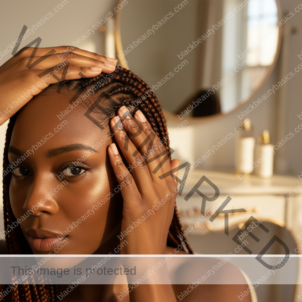 Melanin-rich Black woman with rich brown skin and textured hair in a warm editorial scalp-care moment for How Often to Wash Your Scalp in Braids, Twists, or Wigs