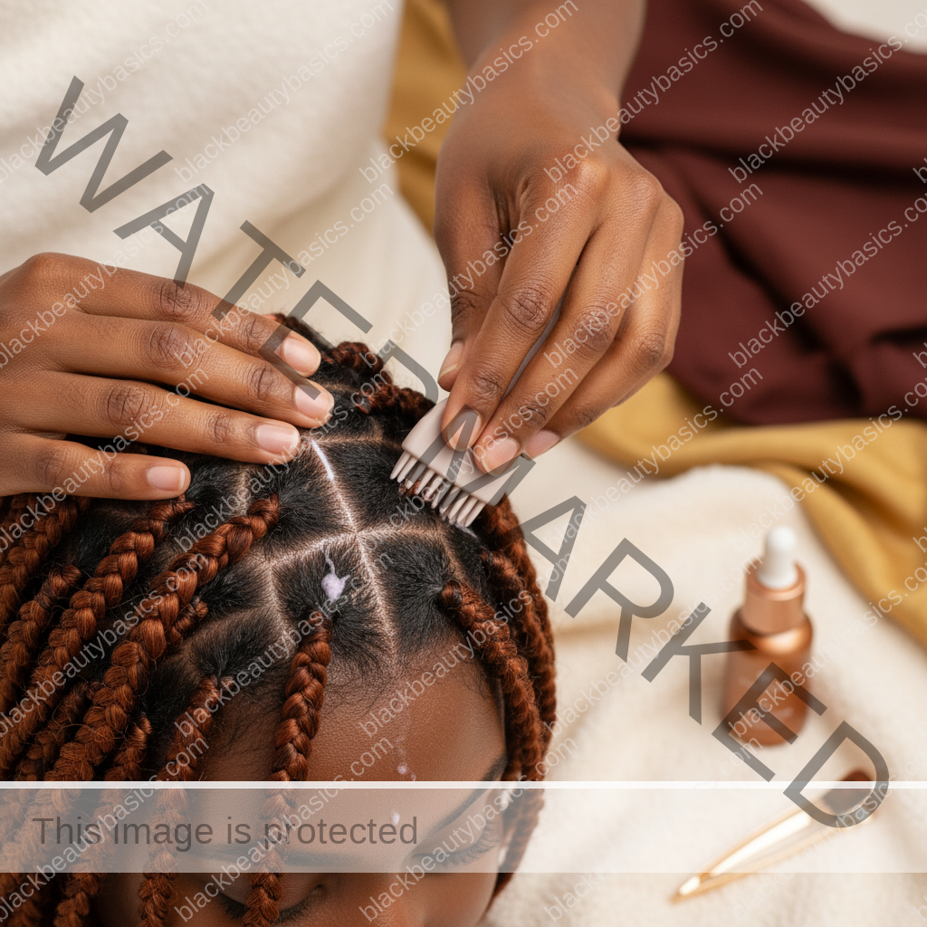 Melanin-rich Black woman with rich brown skin and textured hair using a practical scalp-care step with natural hands and correct anatomy