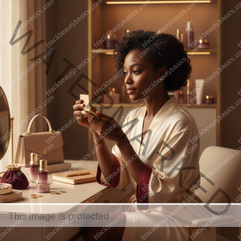 Melanin-rich Black woman with rich brown skin navigating beauty choices in a realistic editorial setting