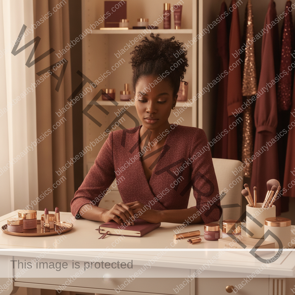 Melanin-rich Black woman with rich brown skin in a calm reflective beauty moment