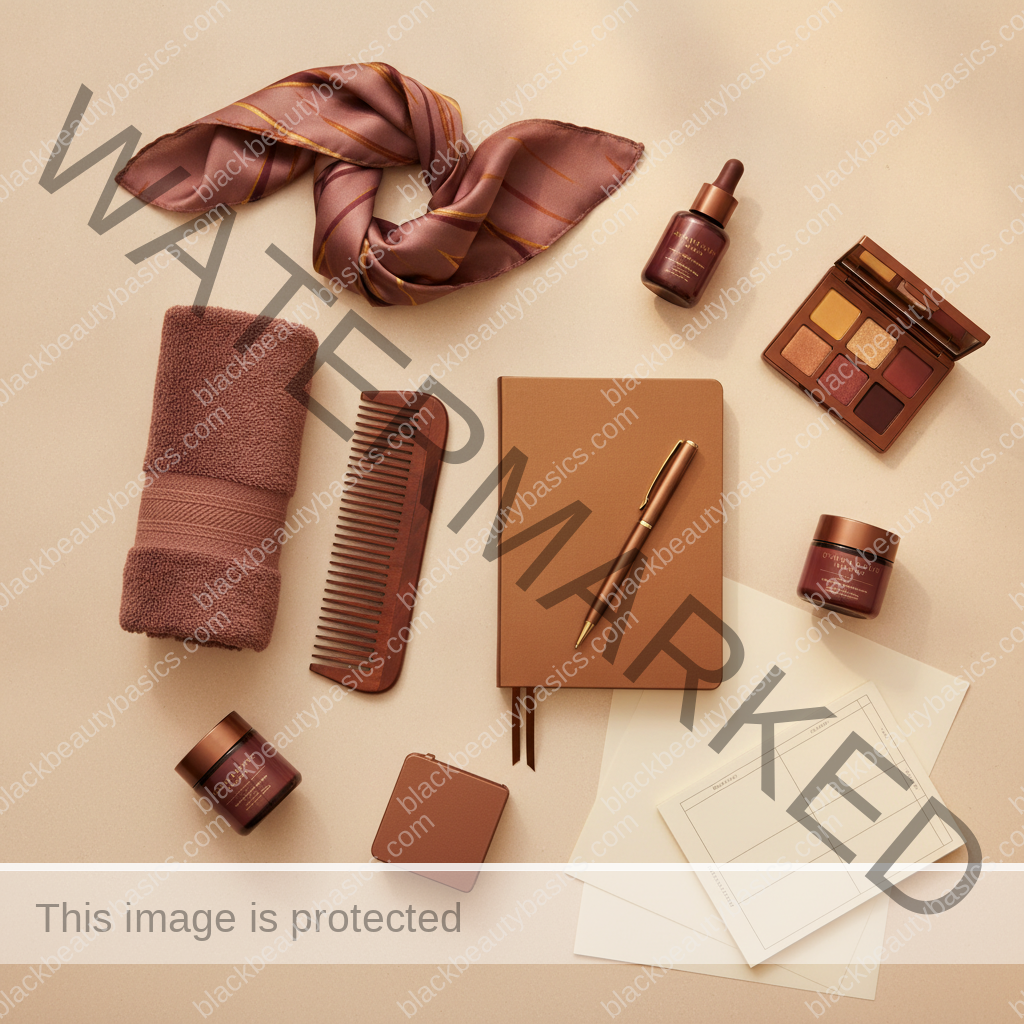 Clean intentional beauty flat lay for Prestige Beauty Counters and Spas: How to Advocate for Yourself in ivory plum bronze and soft gold tones