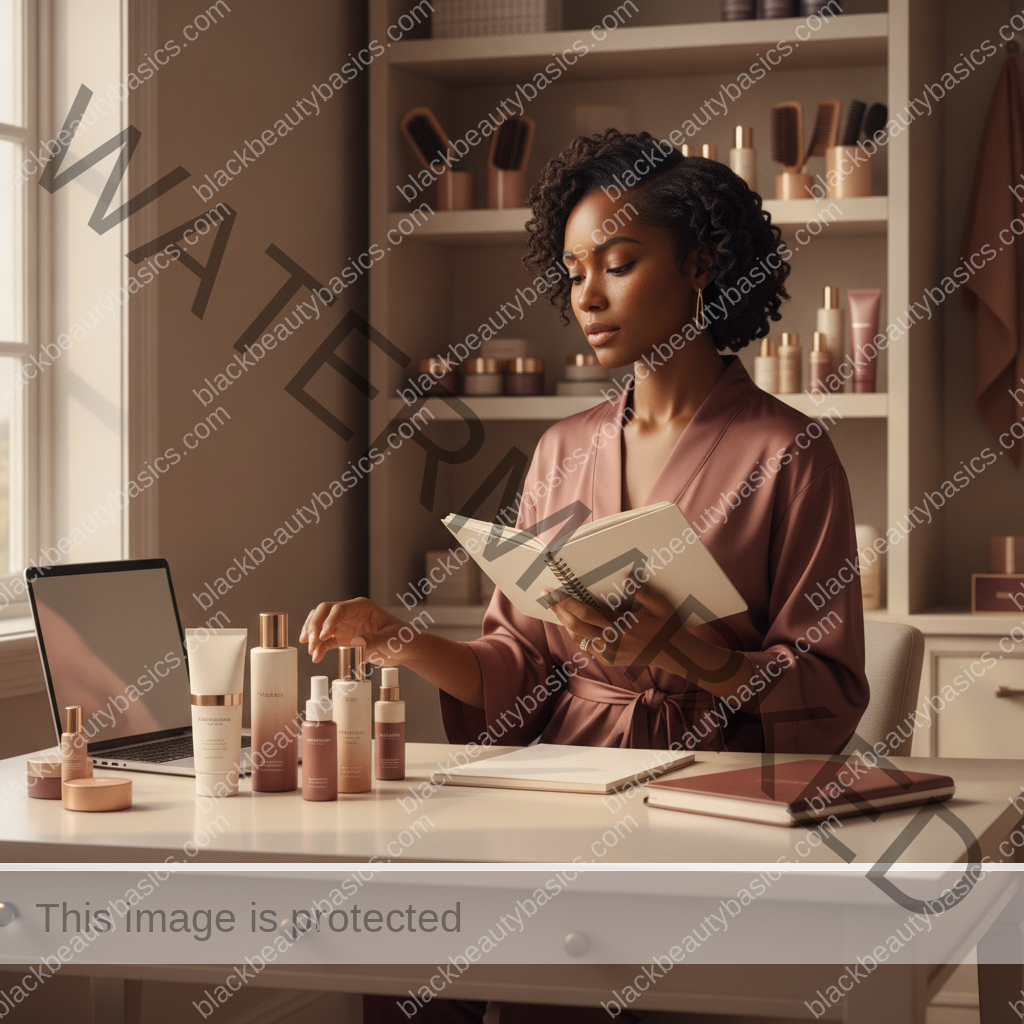 Melanin-rich Black woman with rich brown skin completing an intentional beauty decision step with natural hands
