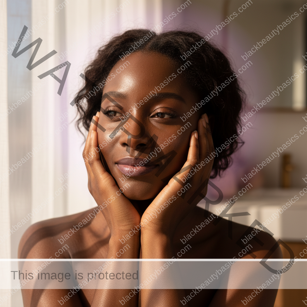 Black woman with deep skin relaxed after a gentle acne-safe skincare routine