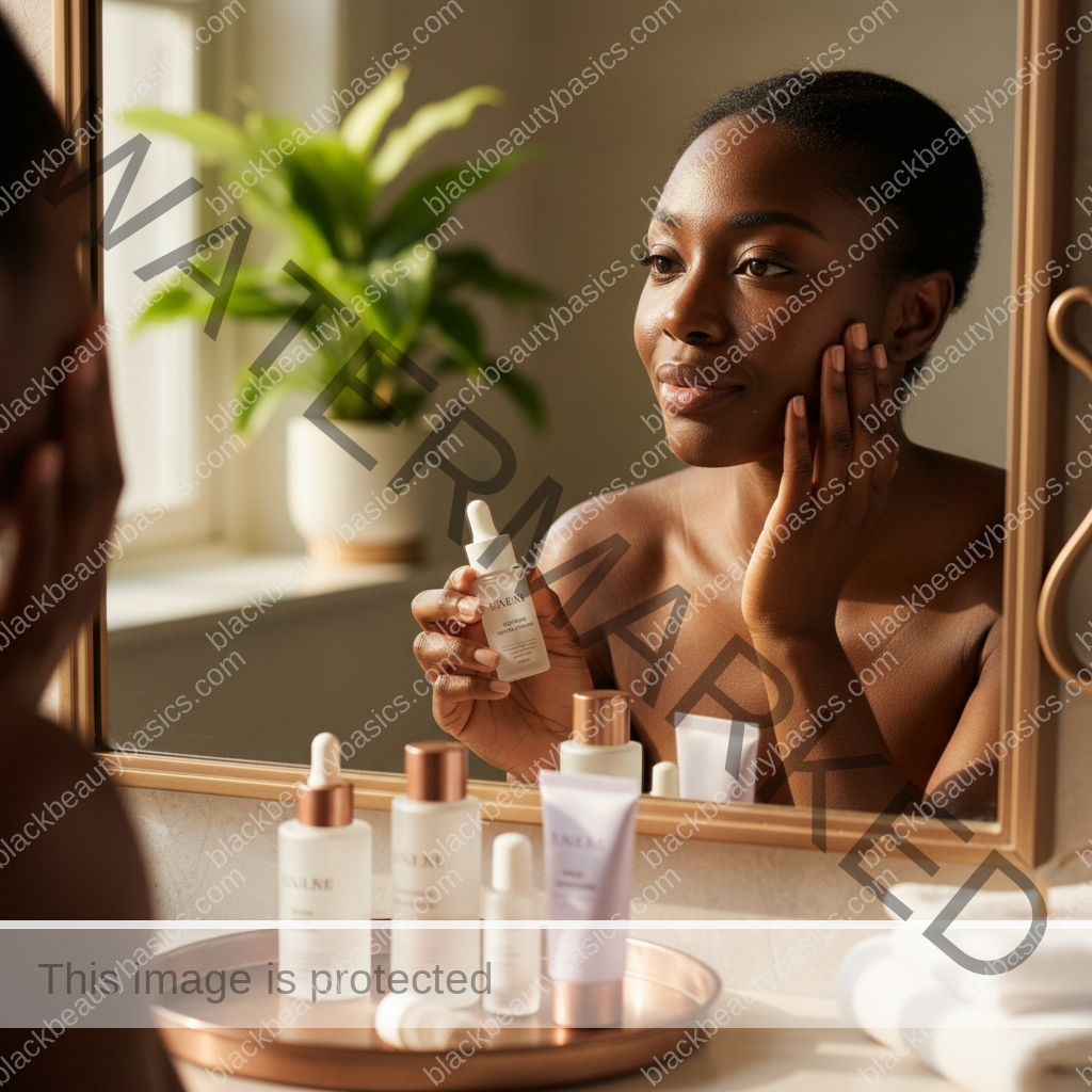 Black woman with richly melanated skin reflecting gently during an acne care routine