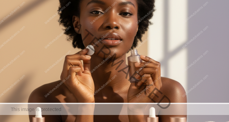 Black woman with deep skin in a calm acne-safe skincare moment for How to Patch Test Acne Products on Black Skin