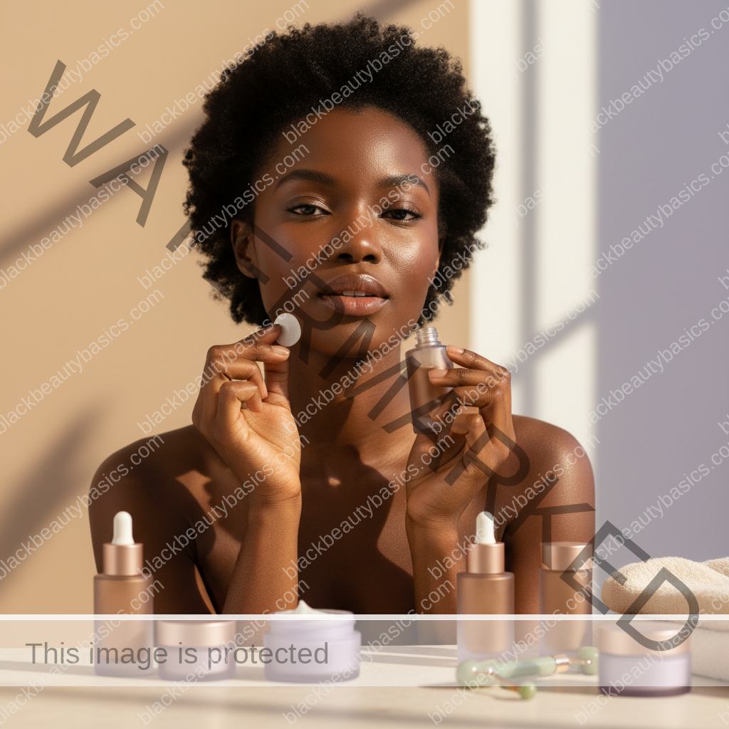 Black woman with deep skin in a calm acne-safe skincare moment for How to Patch Test Acne Products on Black Skin