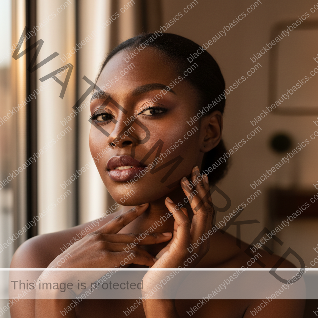 Melanin-rich Black woman with rich brown skin and textured hair relaxed with dimensional makeup for deep skin