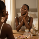 Melanin-rich Black woman with rich brown skin and textured hair in a warm editorial makeup moment for How to Stop Flashback on Deep Skin in Photos