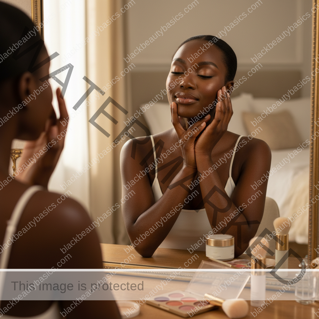 Melanin-rich Black woman with rich brown skin and textured hair in a warm editorial makeup moment for How to Stop Flashback on Deep Skin in Photos