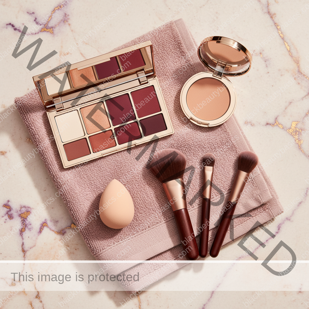 Deep skin makeup essentials for How to Stop Flashback on Deep Skin in Photos in ivory plum bronze and soft gold tones