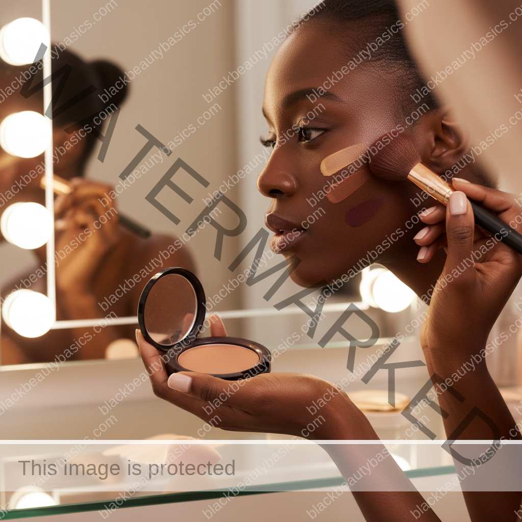 Melanin-rich Black woman with rich brown skin and textured hair using a practical makeup application step with natural hands and correct anatomy