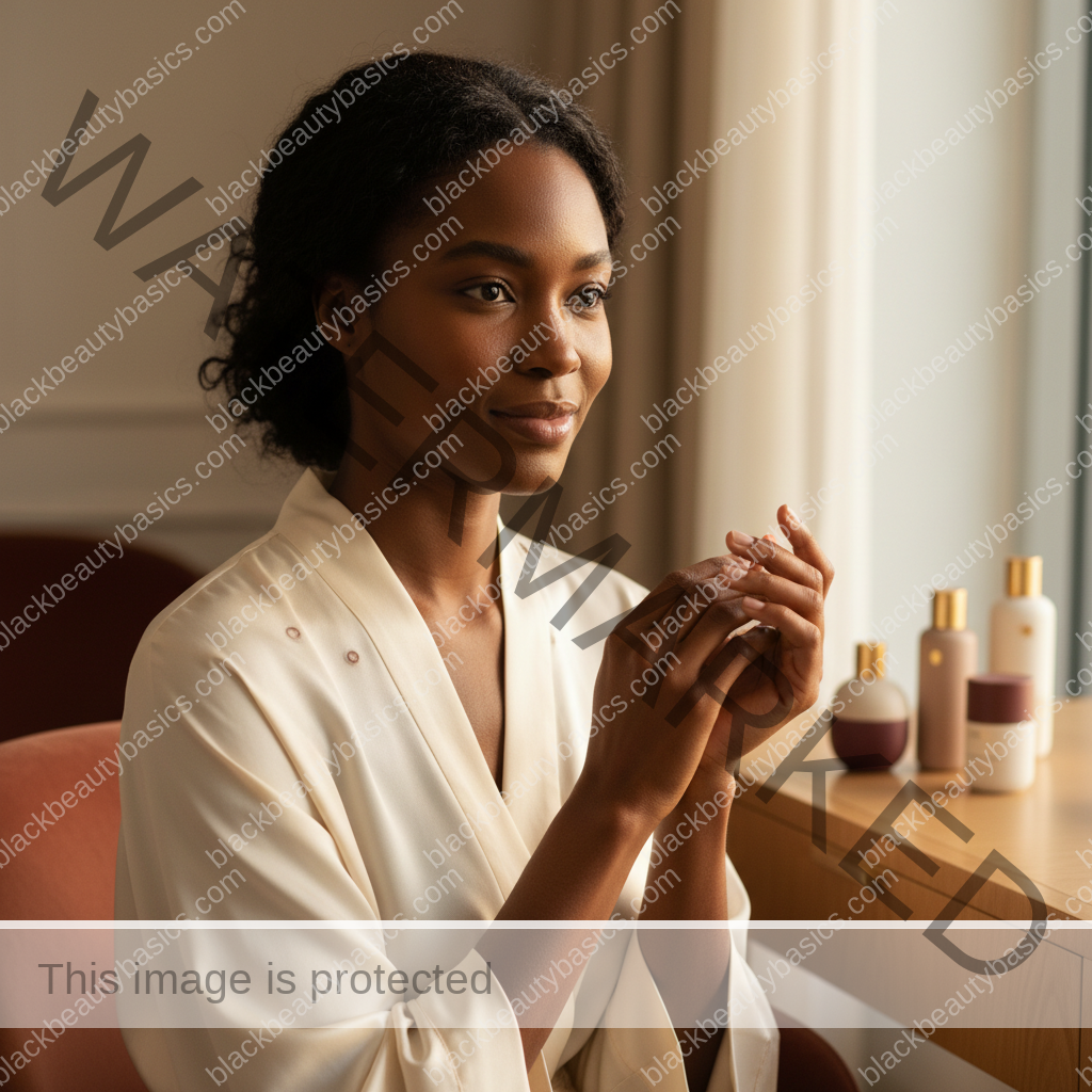 Melanin-rich Black woman with rich brown skin and textured hair relaxed after a calm skin-care or treatment-safety routine