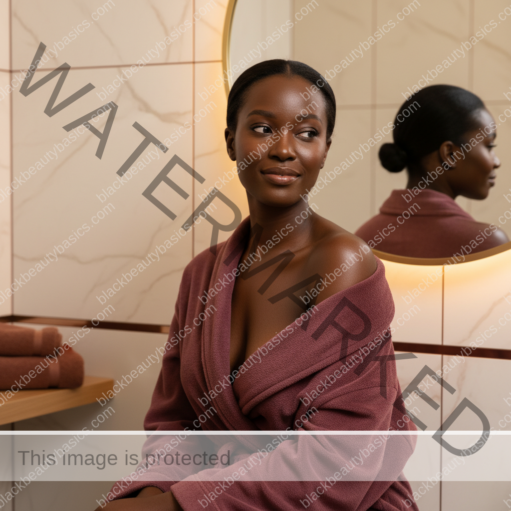 Melanin-rich Black woman in a calm warm bathroom moment for HS body-care confidence with hands not visible