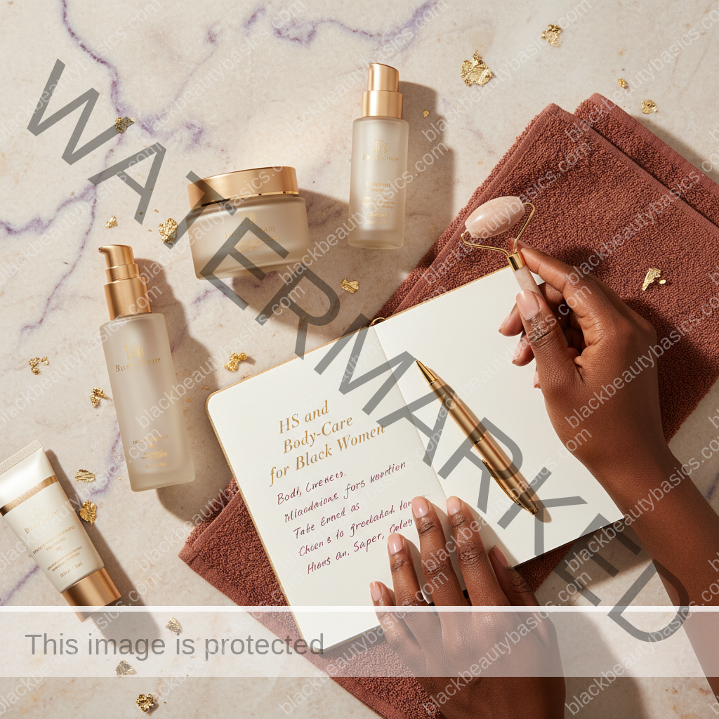 Dark-skin care essentials for HS and Body-Care Confidence for Black Women in ivory plum bronze and soft gold tones