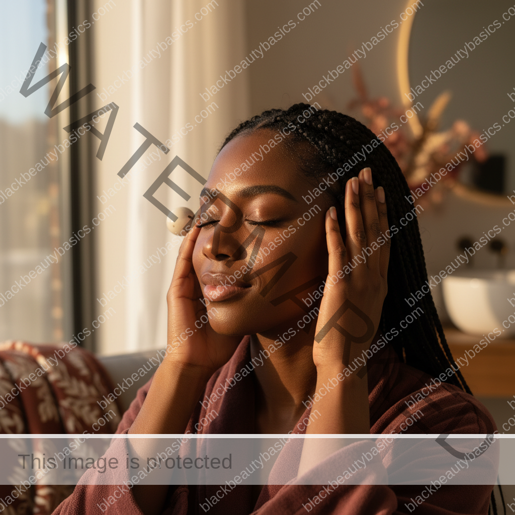 Melanin-rich Black woman with rich brown skin and textured hair relaxed after a gentle scalp-care routine