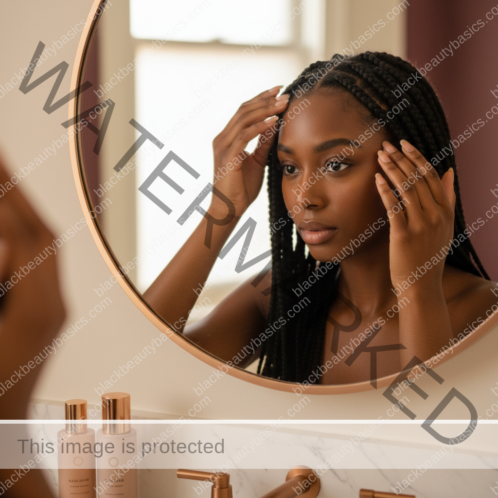 Melanin-rich Black woman with rich brown skin and textured hair gently checking scalp or hairline in a mirror