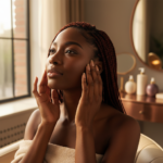 Melanin-rich Black woman with rich brown skin and textured hair in a warm editorial scalp-care moment for Itchy Scalp Under Braids: What to Look at First