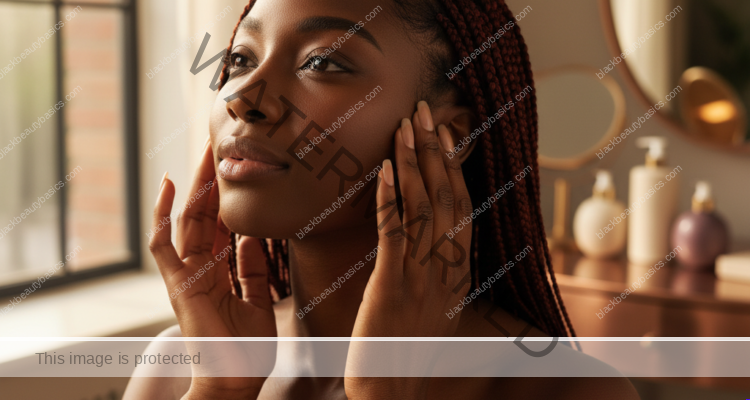 Melanin-rich Black woman with rich brown skin and textured hair in a warm editorial scalp-care moment for Itchy Scalp Under Braids: What to Look at First