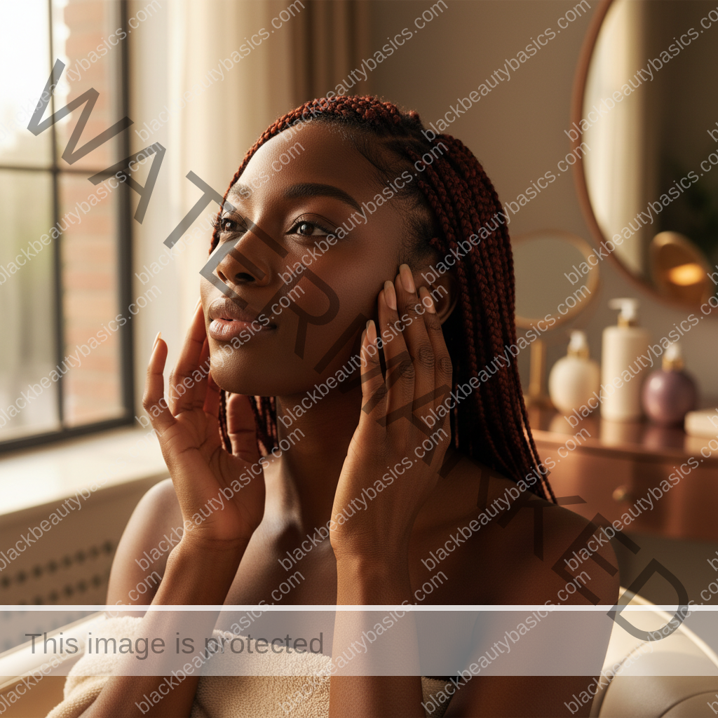 Melanin-rich Black woman with rich brown skin and textured hair in a warm editorial scalp-care moment for Itchy Scalp Under Braids: What to Look at First