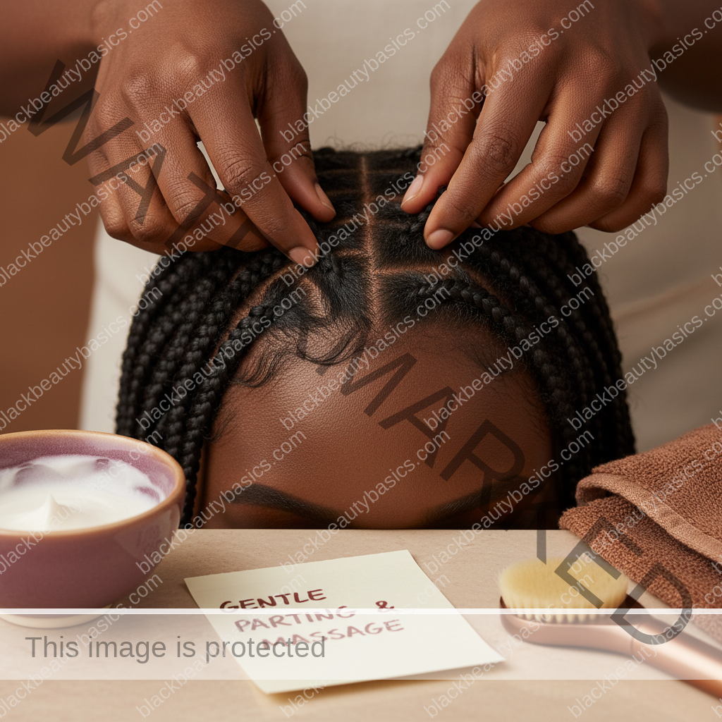 Melanin-rich Black woman with rich brown skin and textured hair using a practical scalp-care step with natural hands and correct anatomy