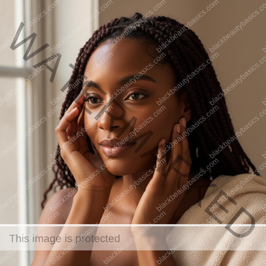Melanin-rich Black woman with rich brown skin and textured hair relaxed after a gentle scalp-care routine