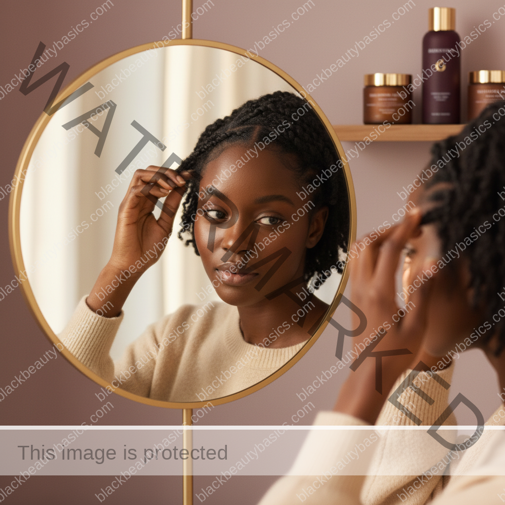 Melanin-rich Black woman with rich brown skin and textured hair gently checking scalp or hairline in a mirror