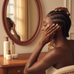 Melanin-rich Black woman with rich brown skin and textured hair in a warm editorial scalp-care moment for How to Keep Your Scalp Clean in Protective Styles