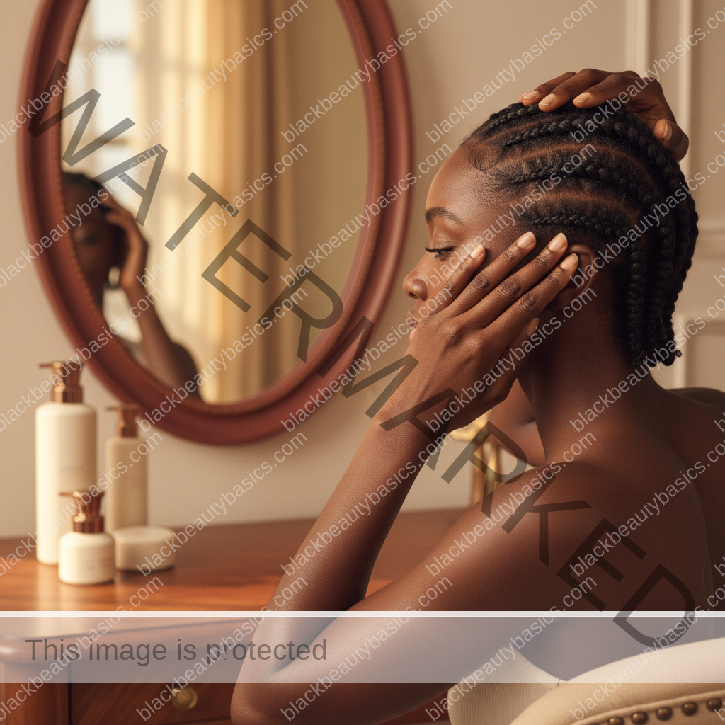 Melanin-rich Black woman with rich brown skin and textured hair in a warm editorial scalp-care moment for How to Keep Your Scalp Clean in Protective Styles