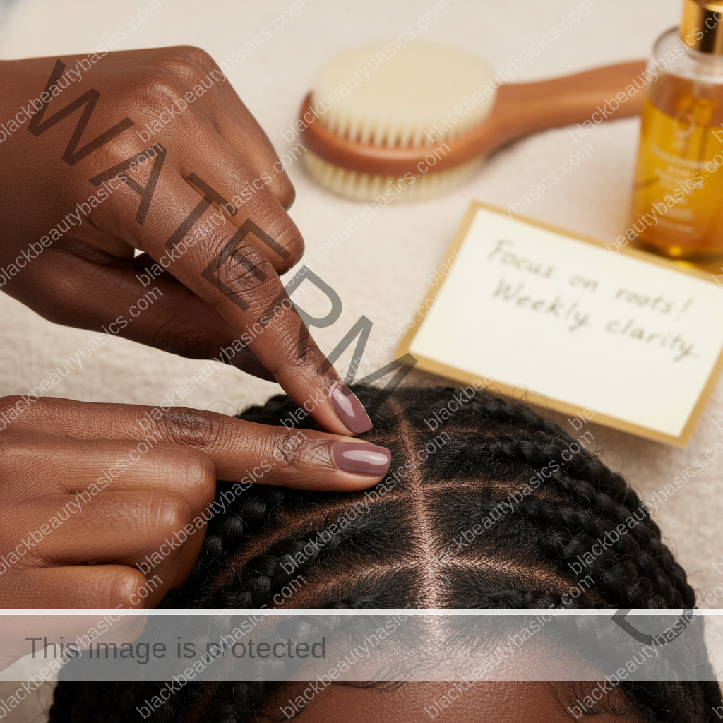 Melanin-rich Black woman with rich brown skin and textured hair using a practical scalp-care step with natural hands and correct anatomy
