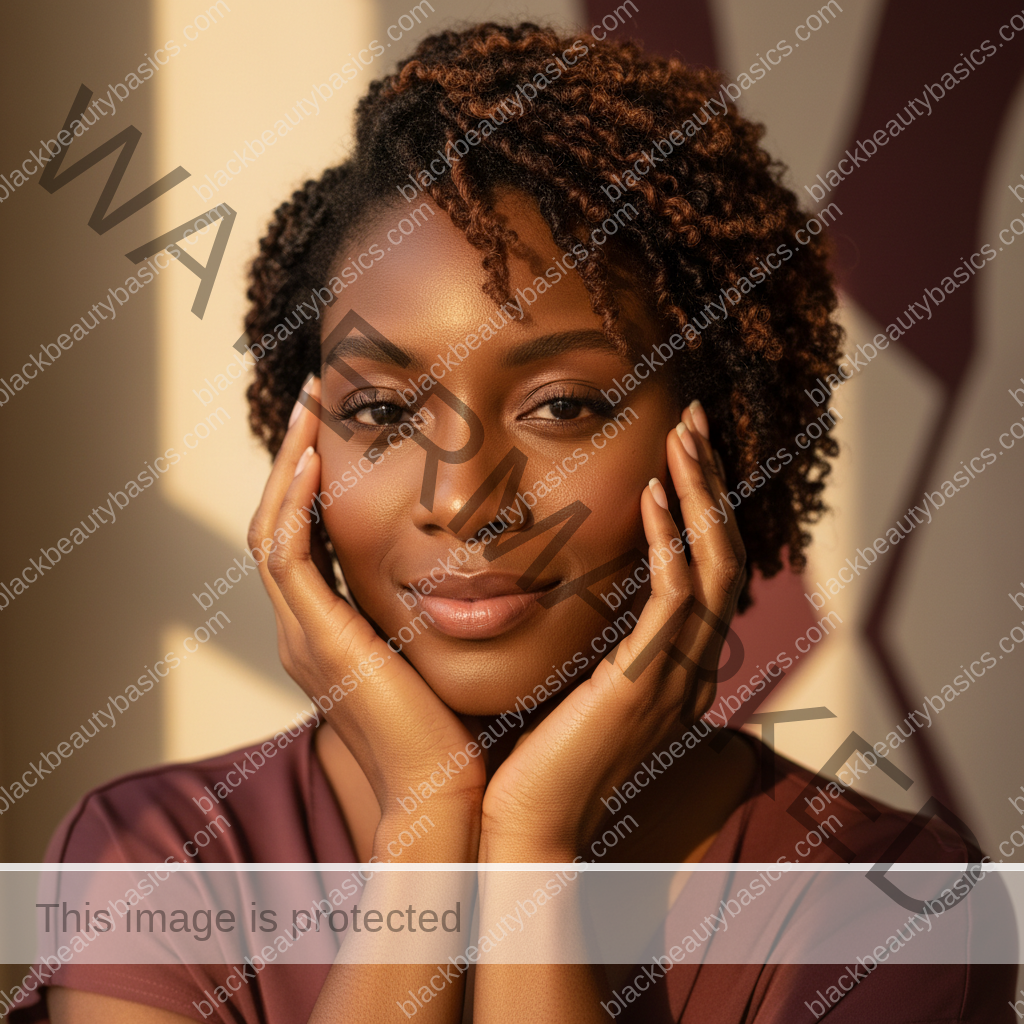 Melanin-rich Black woman with rich brown skin and textured hair relaxed after a gentle natural-hair routine