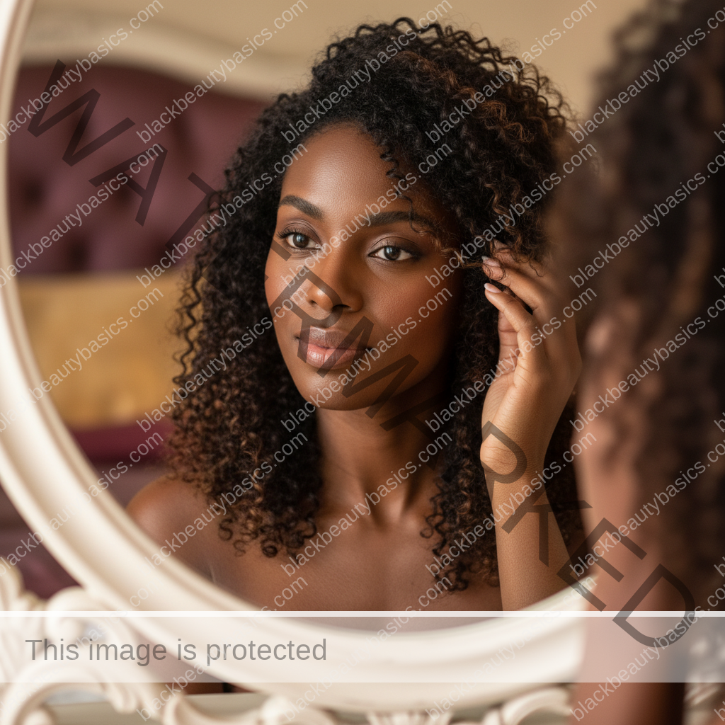 Melanin-rich Black woman with rich brown skin and textured hair in a calm mirror moment with natural hair