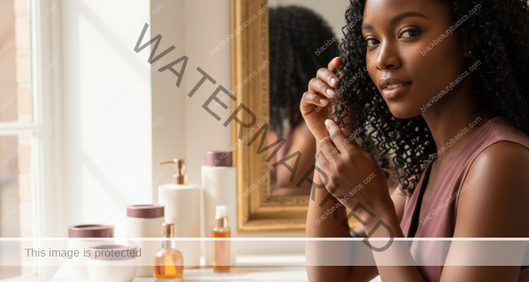 Melanin-rich Black woman with rich brown skin and textured hair in a warm editorial natural-hair routine moment for How to Keep Twist-Outs Moisturized Longer