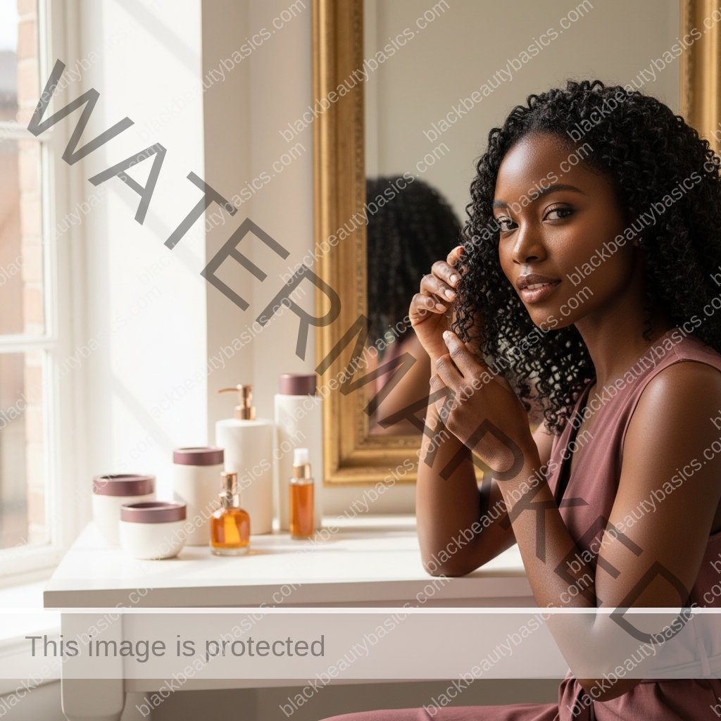Melanin-rich Black woman with rich brown skin and textured hair in a warm editorial natural-hair routine moment for How to Keep Twist-Outs Moisturized Longer