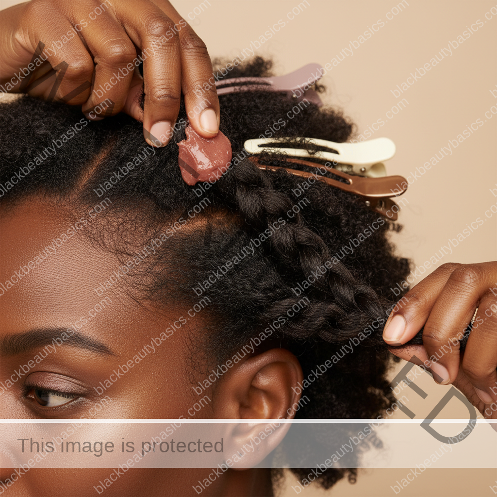 Melanin-rich Black woman with rich brown skin and textured hair using a practical natural-hair care step with natural hands and correct anatomy