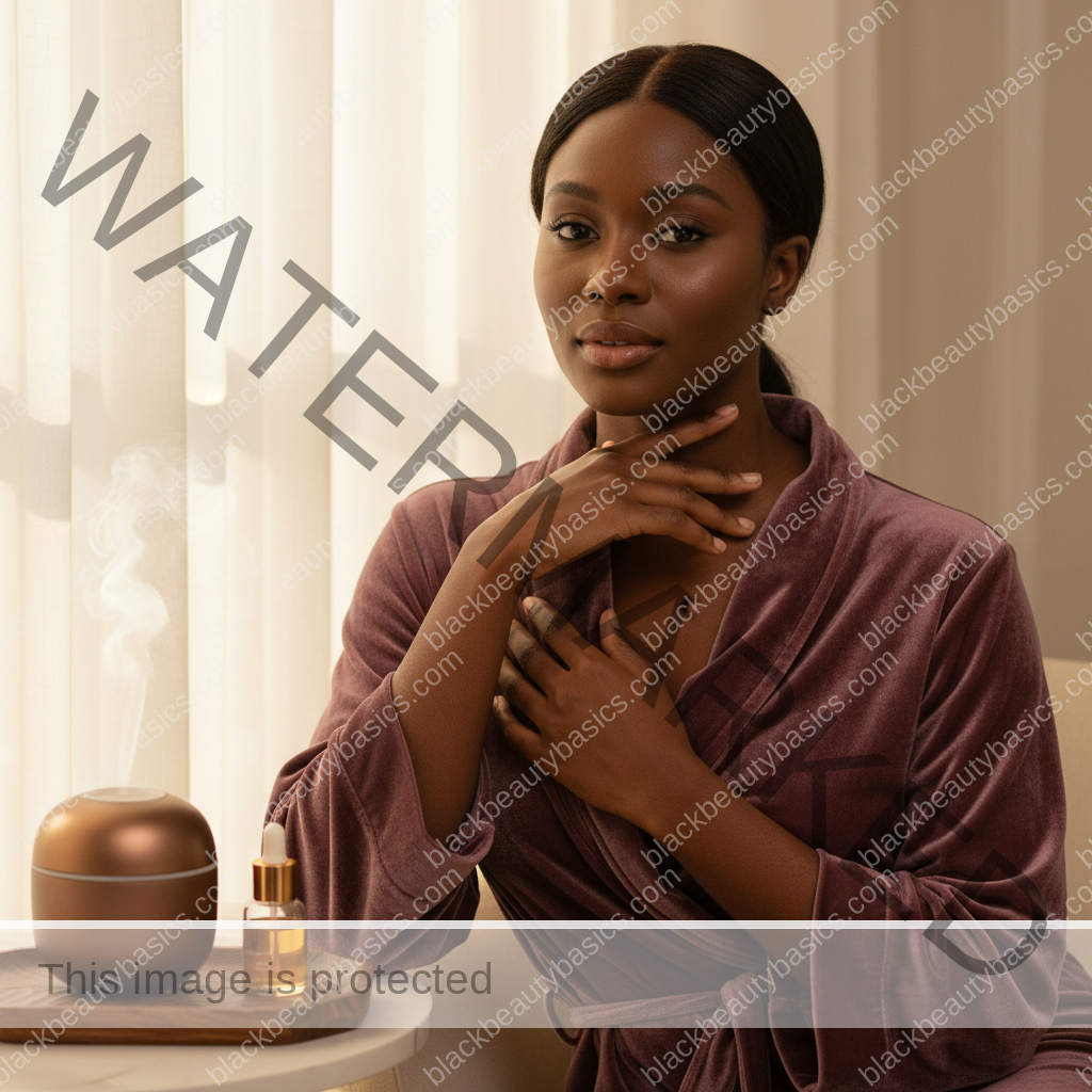 Melanin-rich Black woman with rich brown skin and textured hair relaxed after a calm skin-care or treatment-safety routine